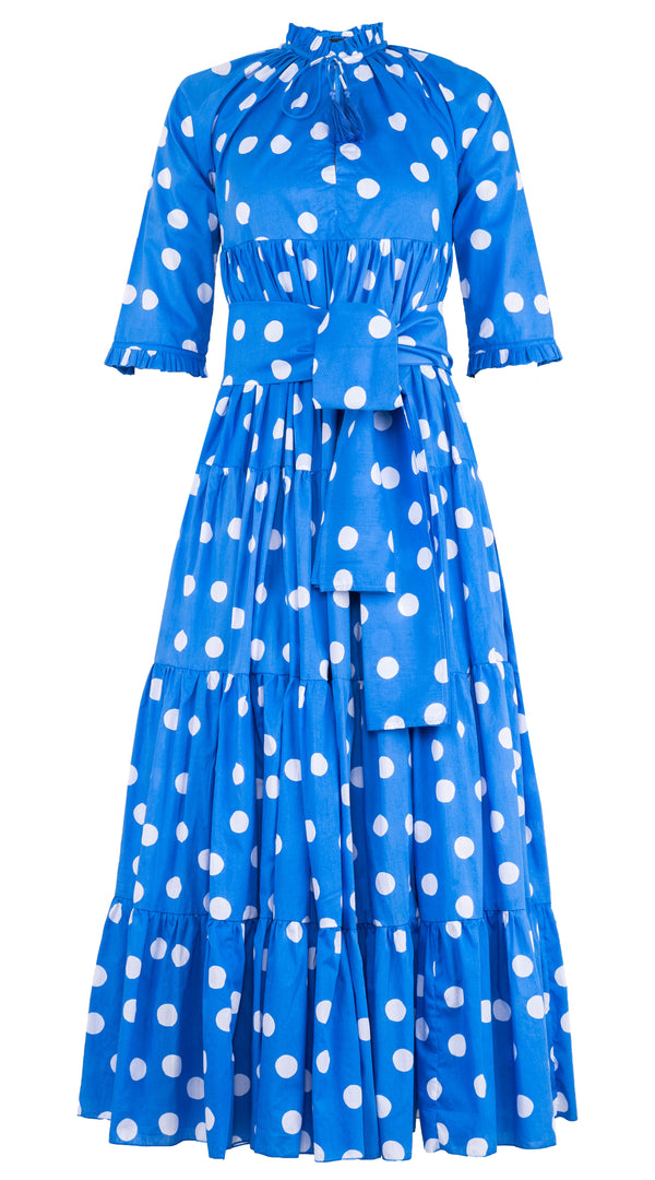Eden Dress Crew Neck 3/4 Sleeve with Hamilton Belt Maxi Length Cotton Musola (Fellini Dots)