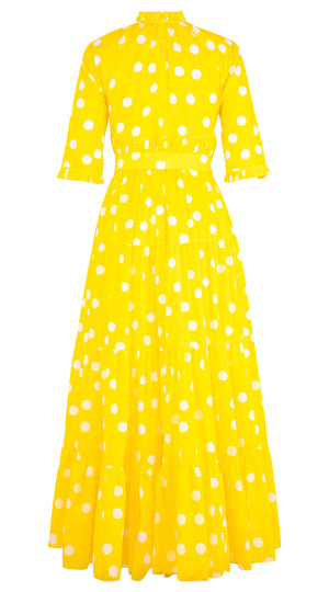 Eden Dress Crew Neck 3/4 Sleeve with Hamilton Belt Maxi Length Cotton Musola (Fellini Dots)