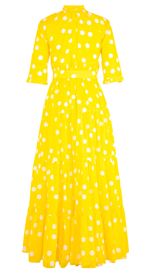 Eden Dress Crew Neck 3/4 Sleeve with Hamilton Belt Maxi Length Cotton Musola (Fellini Dots)