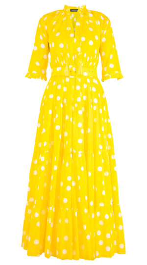 Eden Dress Crew Neck 3/4 Sleeve with Hamilton Belt Maxi Length Cotton Musola (Fellini Dots)