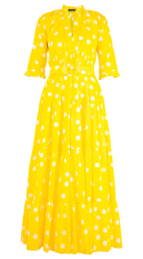 Eden Dress Crew Neck 3/4 Sleeve with Hamilton Belt Maxi Length Cotton Musola (Fellini Dots)