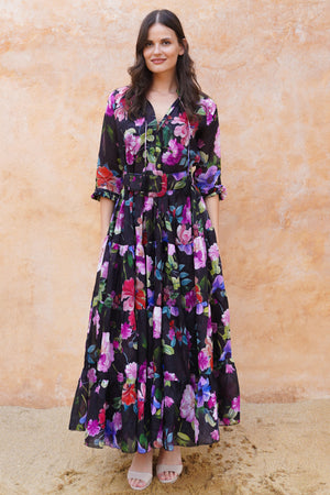 Eva Dress Crew Neck 3/4 Sleeve Maxi Length Cotton Musola (Fiori Florance)