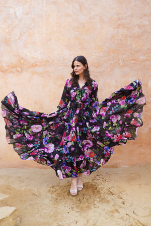 Eva Dress Crew Neck 3/4 Sleeve Maxi Length Cotton Musola (Fiori Florance)