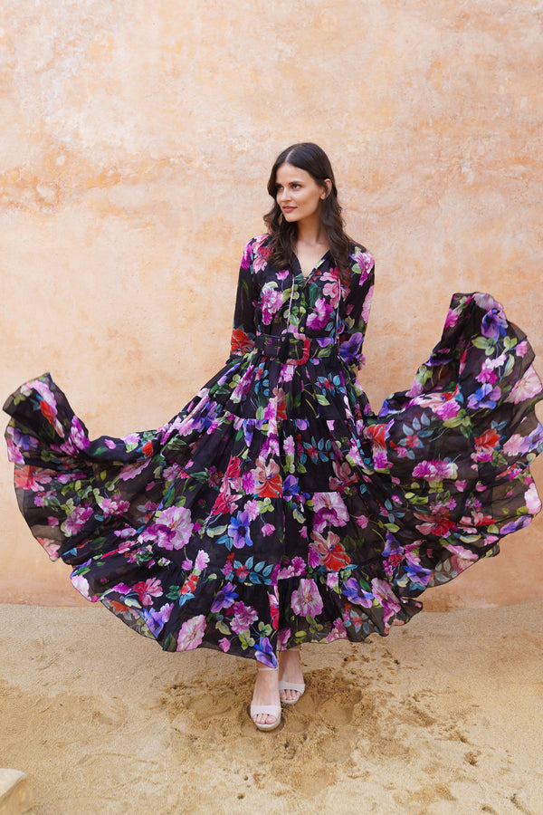 Eva Dress Crew Neck 3/4 Sleeve Maxi Length Cotton Musola (Fiori Florance)
