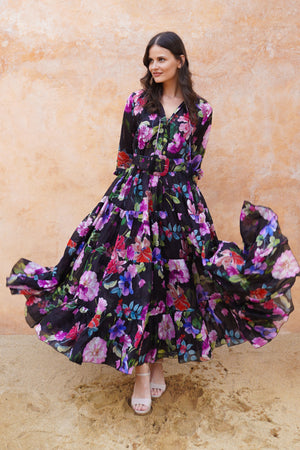Eva Dress Crew Neck 3/4 Sleeve Maxi Length Cotton Musola (Fiori Florance)