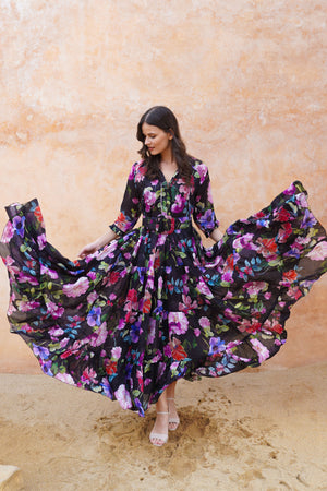 Eva Dress Crew Neck 3/4 Sleeve Maxi Length Cotton Musola (Fiori Florance)