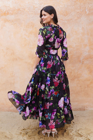 Eva Dress Crew Neck 3/4 Sleeve Maxi Length Cotton Musola (Fiori Florance)