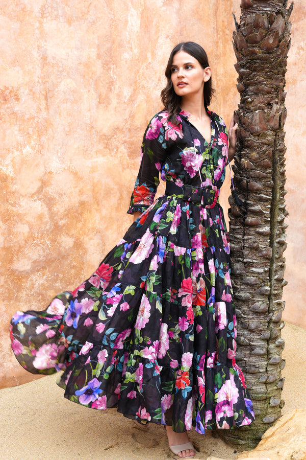 Eva Dress Crew Neck 3/4 Sleeve Maxi Length Cotton Musola (Fiori Florance)
