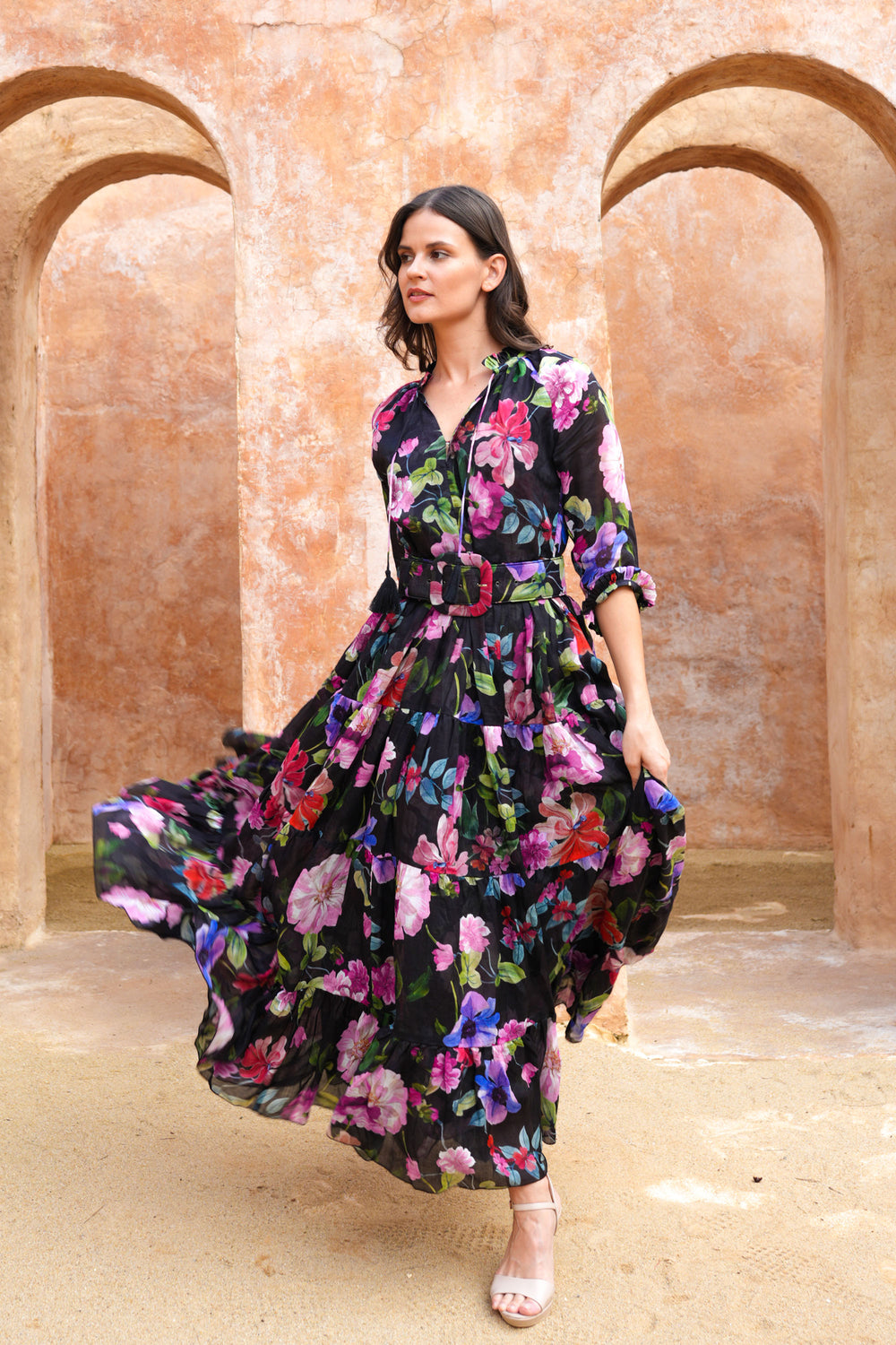 Eva Dress Crew Neck 3/4 Sleeve Maxi Length Cotton Musola (Fiori Florance)