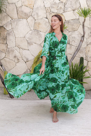 Eden Dress Crew Neck 3/4 Sleeve Maxi Length Cotton Musola (Fiori Poppy Big Pastel)