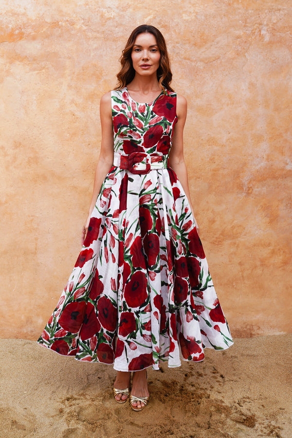 Aster Dress Crew Neck Sleeveless Midi Plus Length Cotton Musola (Fiori Poppy Big White)