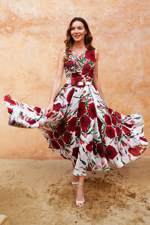 Aster Dress Crew Neck Sleeveless Midi Plus Length Cotton Musola (Fiori Poppy Big White)