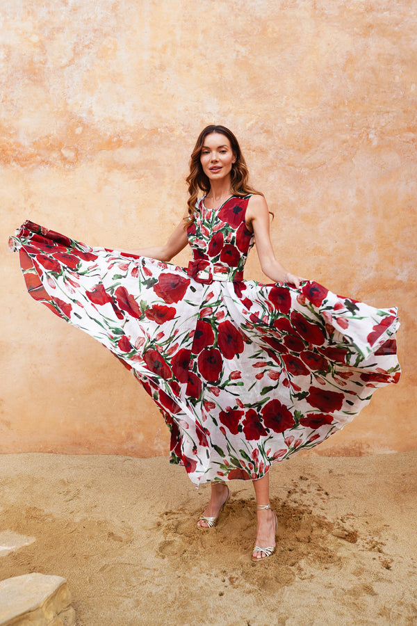 Aster Dress Crew Neck Sleeveless Midi Plus Length Cotton Musola (Fiori Poppy Big White)