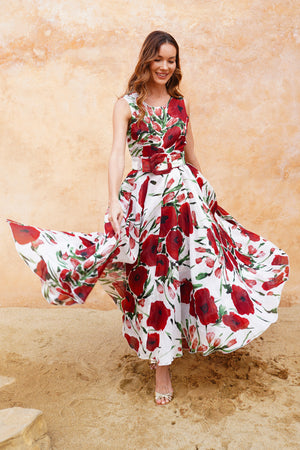 Aster Dress Crew Neck Sleeveless Midi Plus Length Cotton Musola (Fiori Poppy Big White)