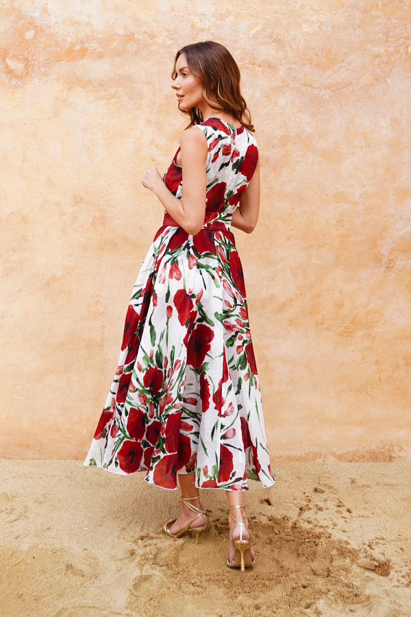 Aster Dress Crew Neck Sleeveless Midi Plus Length Cotton Musola (Fiori Poppy Big White)