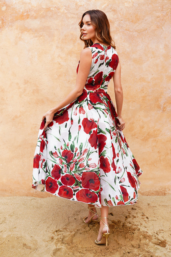 Aster Dress Crew Neck Sleeveless Midi Plus Length Cotton Musola (Fiori Poppy Big White)