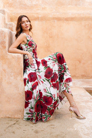 Aster Dress Crew Neck Sleeveless Midi Plus Length Cotton Musola (Fiori Poppy Big White)