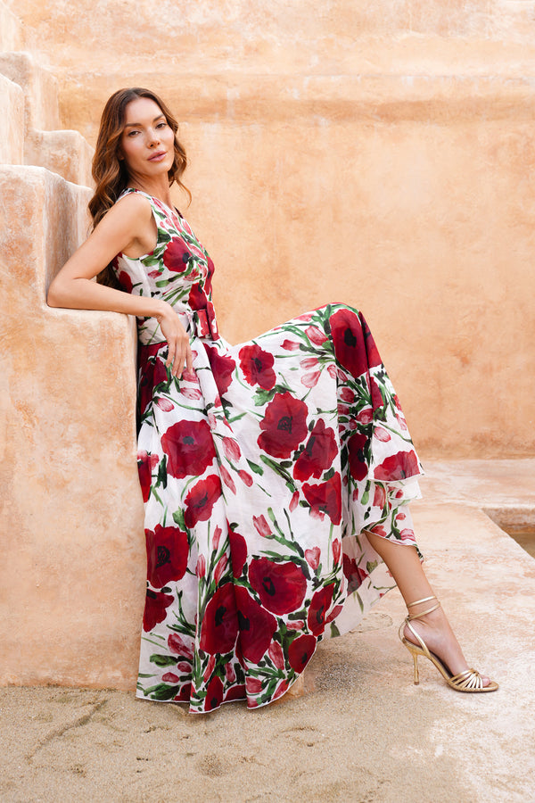 Aster Dress Crew Neck Sleeveless Midi Plus Length Cotton Musola (Fiori Poppy Big White)