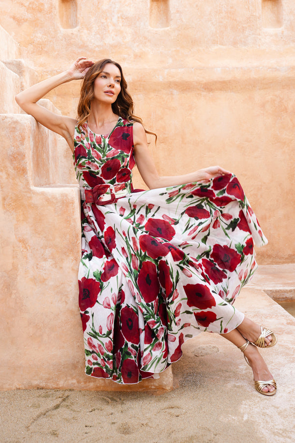 Aster Dress Crew Neck Sleeveless Midi Plus Length Cotton Musola (Fiori Poppy Big White)