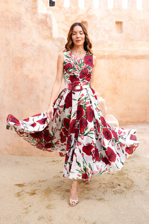 Aster Dress Crew Neck Sleeveless Midi Plus Length Cotton Musola (Fiori Poppy Big White)