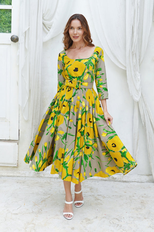 Amber Dress U Neck 3/4 Sleeve Midi Length Cotton Stretch (Fiori Poppy Big Pastel)