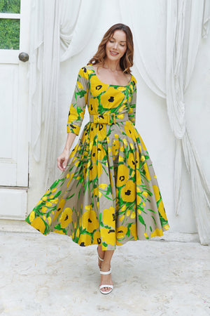 Amber Dress U Neck 3/4 Sleeve Midi Length Cotton Stretch (Fiori Poppy Big Pastel)