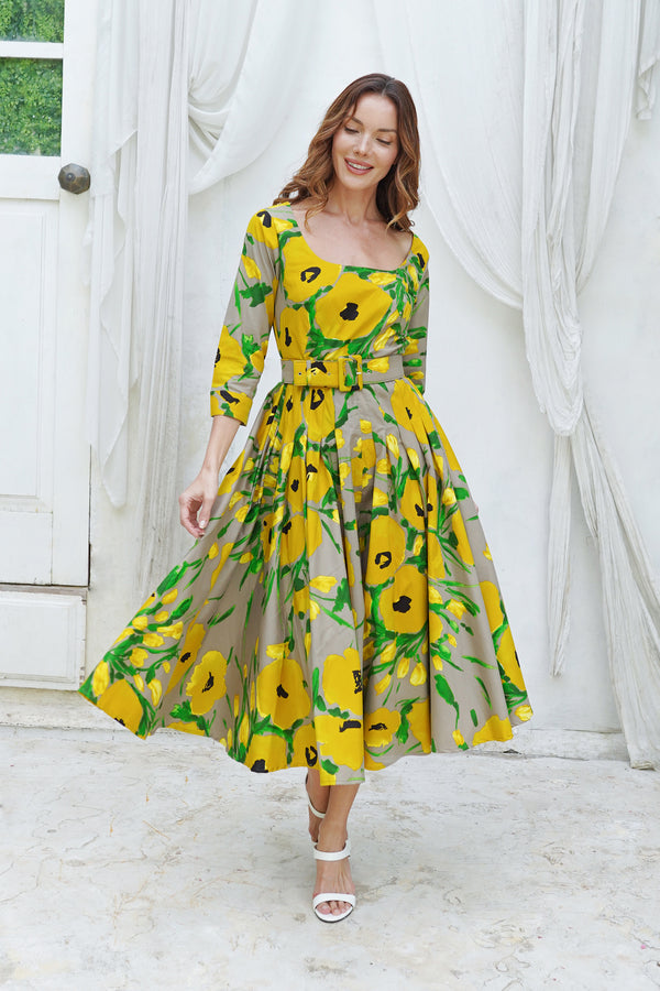 Amber Dress U Neck 3/4 Sleeve Midi Length Cotton Stretch (Fiori Poppy Big Pastel)