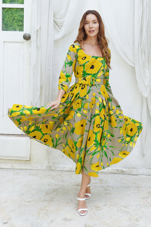 Amber Dress U Neck 3/4 Sleeve Midi Length Cotton Stretch (Fiori Poppy Big Pastel)