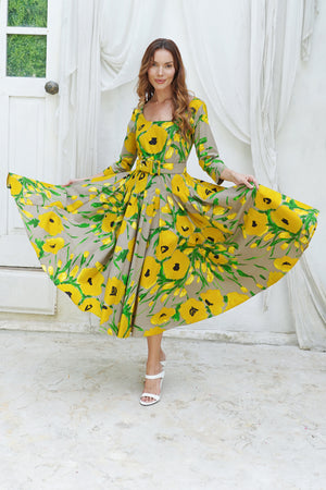 Amber Dress U Neck 3/4 Sleeve Midi Length Cotton Stretch (Fiori Poppy Big Pastel)