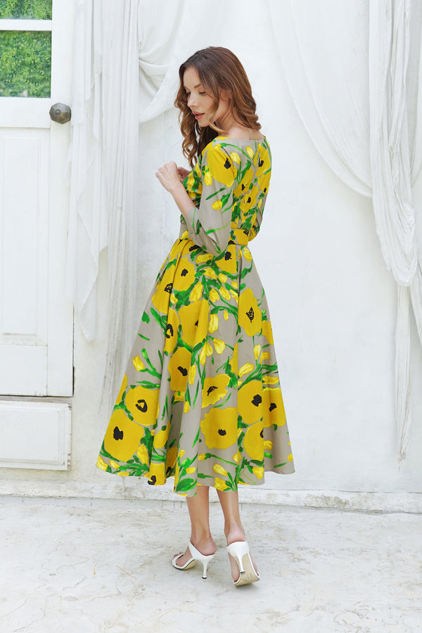 Amber Dress U Neck 3/4 Sleeve Midi Length Cotton Stretch (Fiori Poppy Big Pastel)