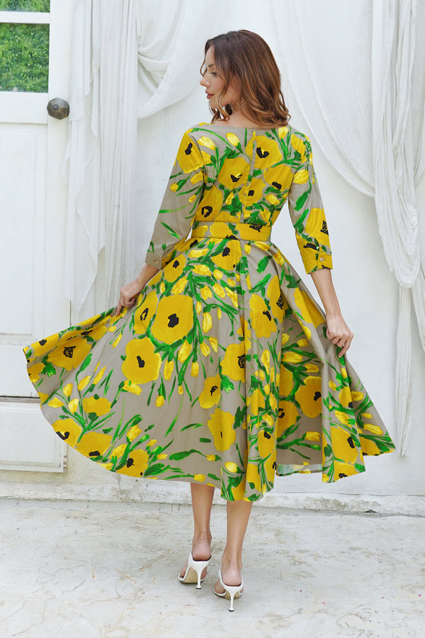 Amber Dress U Neck 3/4 Sleeve Midi Length Cotton Stretch (Fiori Poppy Big Pastel)