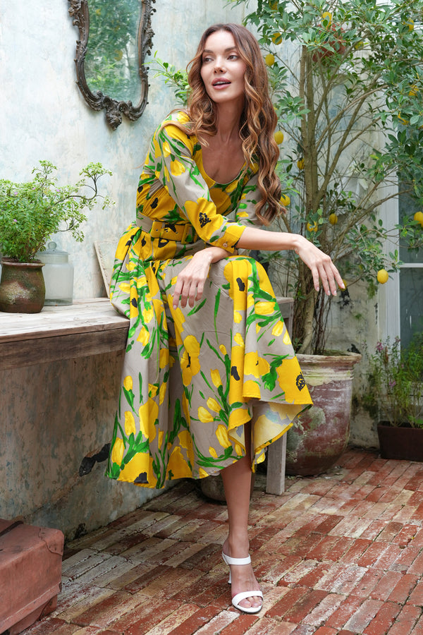 Amber Dress U Neck 3/4 Sleeve Midi Length Cotton Stretch (Fiori Poppy Big Pastel)