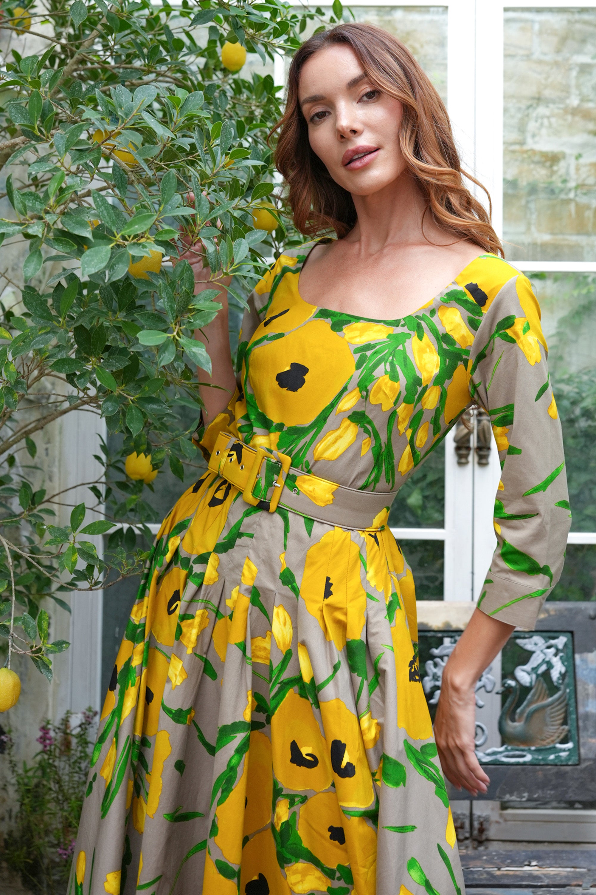 Amber Dress U Neck 3/4 Sleeve Midi Length Cotton Stretch (Fiori Poppy Amber Dress U Neck 3/4 Sleeve Midi Length Cotton Stretch (Fiori Poppy