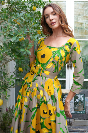 Amber Dress U Neck 3/4 Sleeve Midi Length Cotton Stretch (Fiori Poppy Big Pastel)