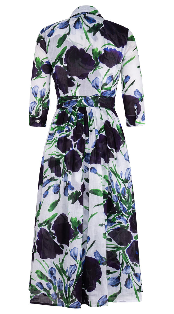 Audrey Dress #6 Shirt Collar 3/4 Sleeve Midi Plus Length Cotton Musola (Fiori Poppy Big White)