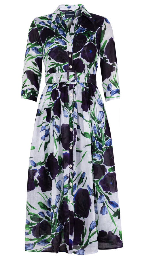Audrey Dress #6 Shirt Collar 3/4 Sleeve Midi Plus Length Cotton Musola (Fiori Poppy Big White)