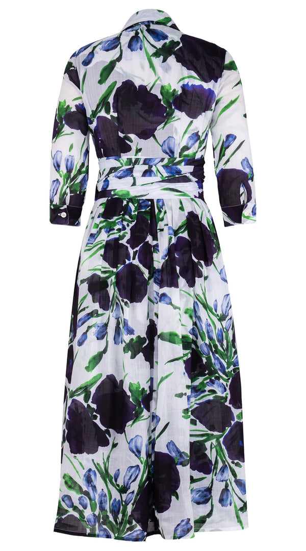 Audrey Dress #6 Shirt Collar 3/4 Sleeve Midi Plus Length Cotton Musola (Fiori Poppy Big White)