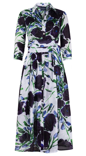 Audrey Dress #6 Shirt Collar 3/4 Sleeve Midi Plus Length Cotton Musola (Fiori Poppy Big White)