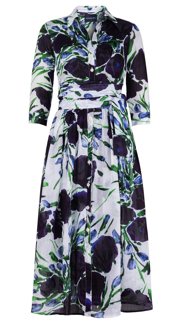 Audrey Dress #6 Shirt Collar 3/4 Sleeve Midi Plus Length Cotton Musola (Fiori Poppy Big White)