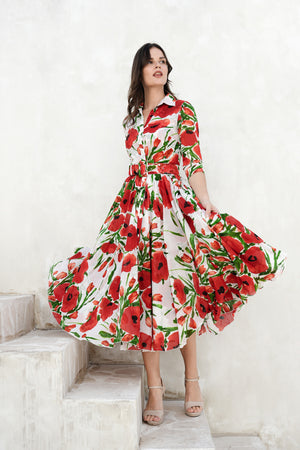 Aster Dress Shirt Collar 3/4 Sleeve Midi Length Cotton Musola (Fiori Poppy Big White)
