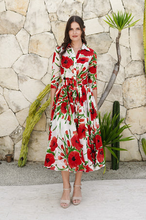 Aster Dress Shirt Collar 3/4 Sleeve Midi Length Cotton Musola (Fiori Poppy Big White)