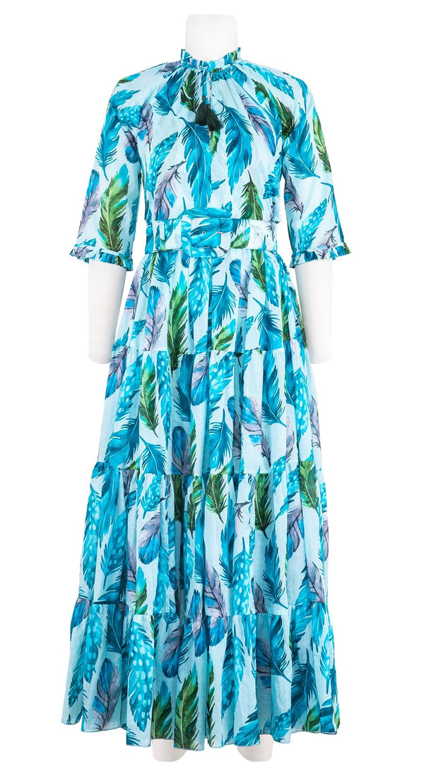 Eva Dress Crew Neck 3/4 Sleeve Maxi Length Cotton Musola (Floating Feather Pastel)