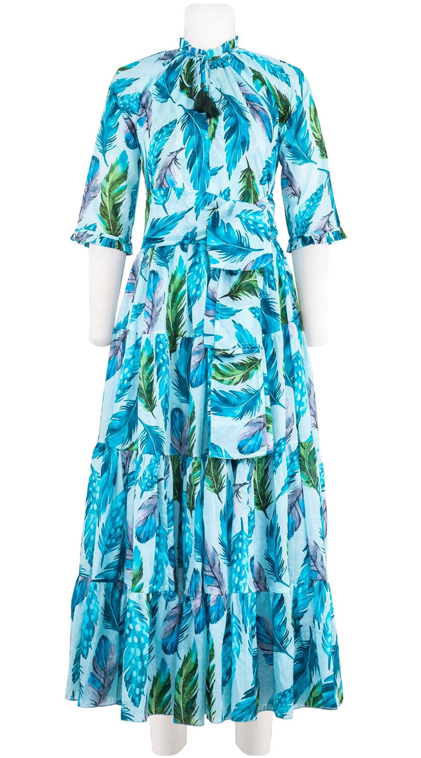 Eva Dress Crew Neck 3/4 Sleeve Maxi Length Cotton Musola (Floating Feather Pastel)