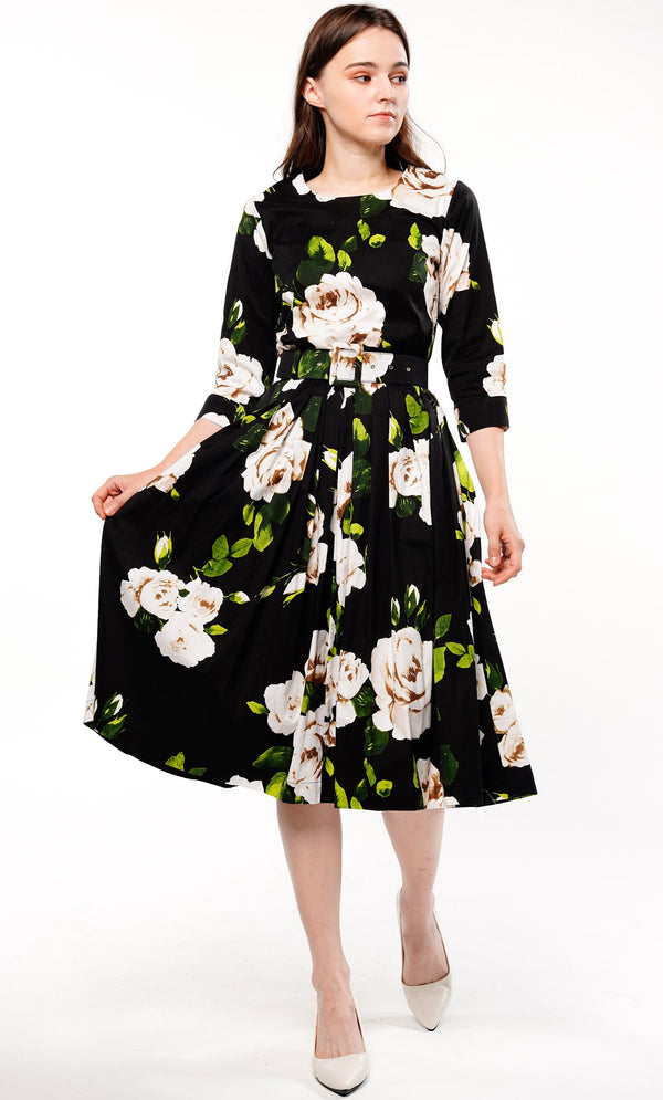 Florance Dress Crew Neck 3/4 Sleeve Long Length Cotton Musola (Amber Queen)