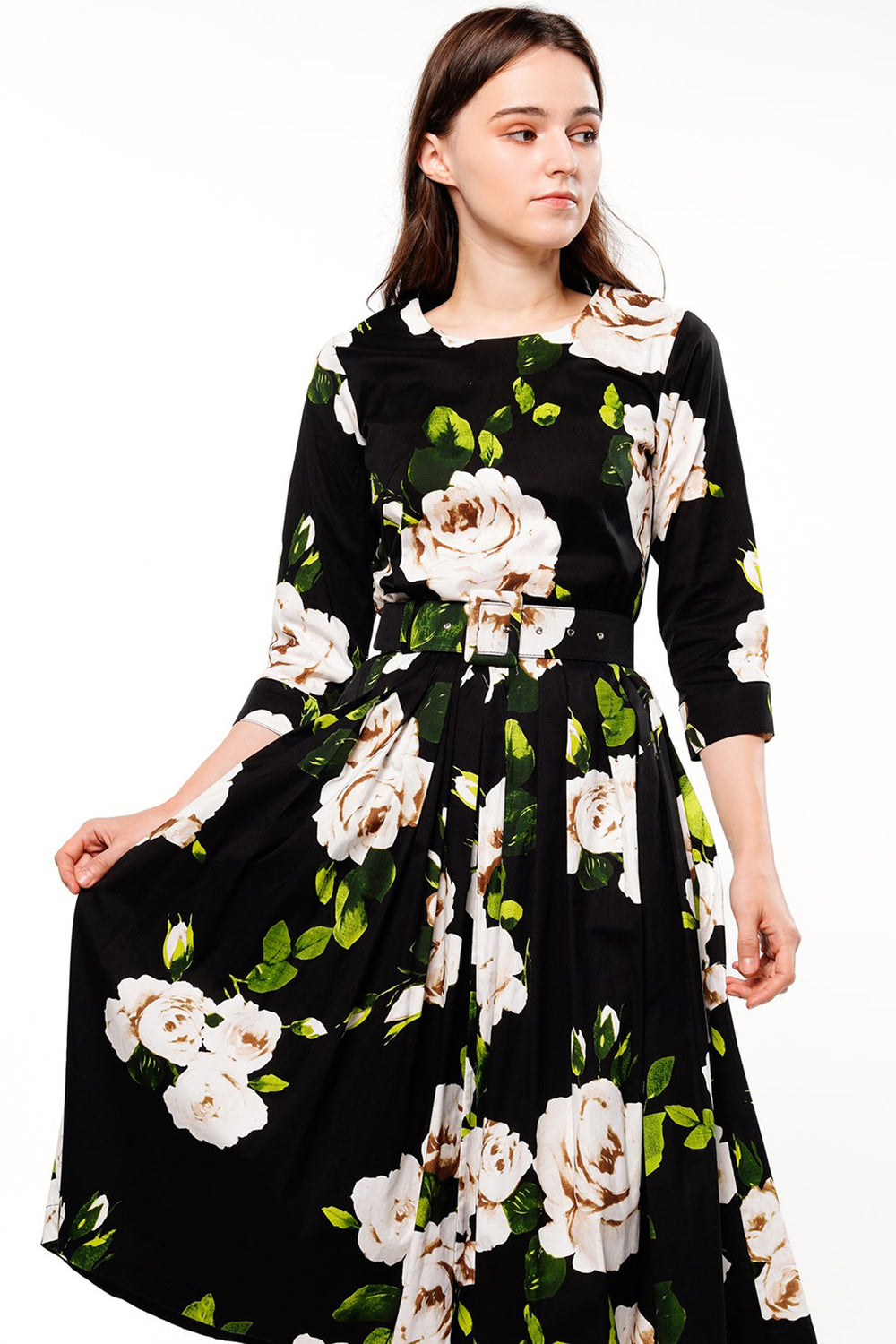 Florance Dress Crew Neck 3/4 Sleeve Long Length Cotton Musola (Amber Queen)
