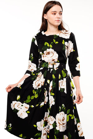 Florance Dress Crew Neck 3/4 Sleeve Long Length Cotton Musola (Amber Queen)
