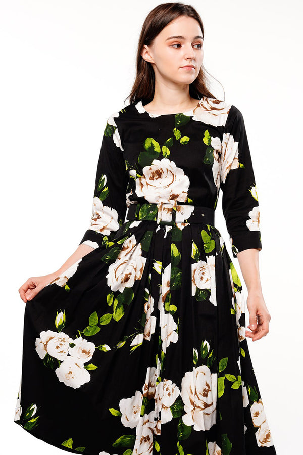 Florance Dress Crew Neck 3/4 Sleeve Long Length Cotton Musola (Amber Queen)