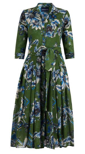 Audrey Dress #4 Shirt Collar 3/4 Sleeve Midi Length Wool Musola (Flower Luxembrug Ivory) - Sap Green Ivory