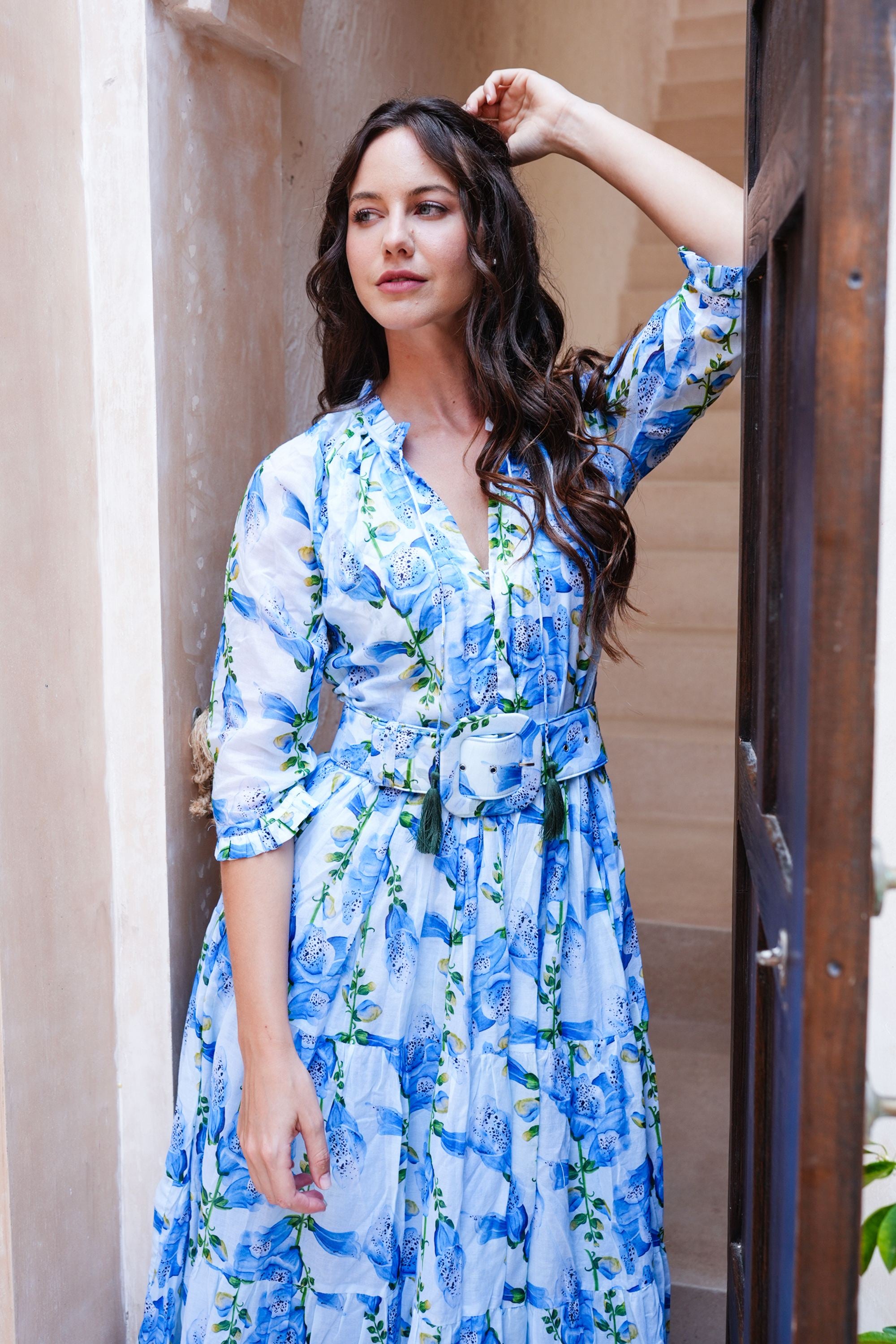 Eva Dress Crew Neck 3/4 Sleeve Maxi Length Cotton Musola (Fox Glove Fl