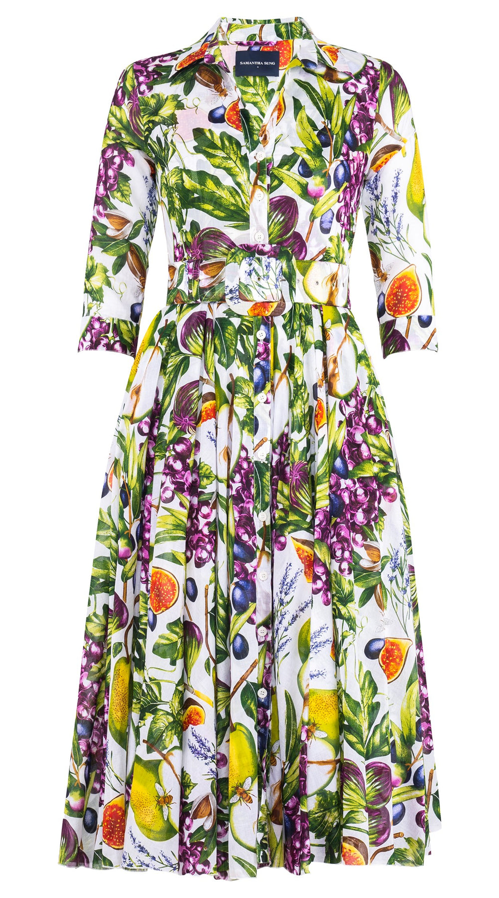 Aster Dress Shirt Collar 3/4 Sleeve Midi Length Cotton Musola (Fruit Farm)